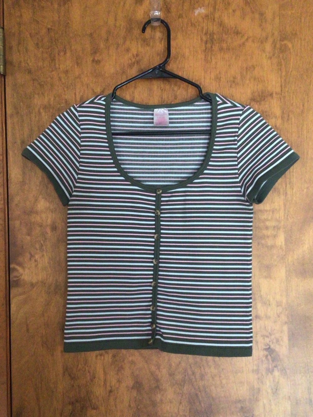 No Boundaries Striped Short-Sleeve Button Front Top in Green, White, Pink